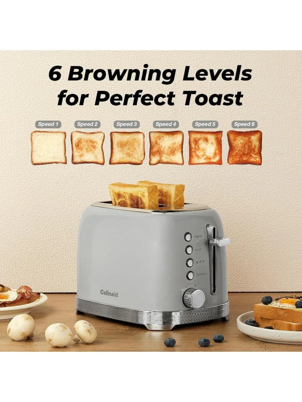 2 Slice Retro Gray Stainless Steel 1.5” Extra Wide Slots with Bagel Toaster